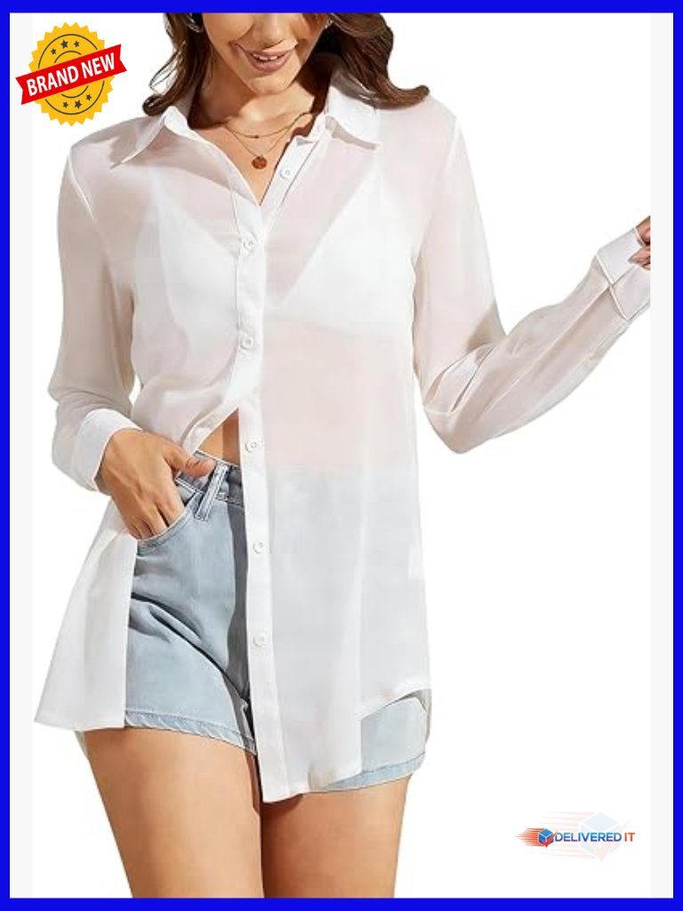 Sheer Button Up Blouse Long Sleeve See Through Mesh Shirt Top